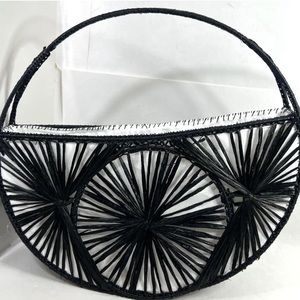 Round "Slice" Black Straw Purse with Handstitched White Lining Straw Handle